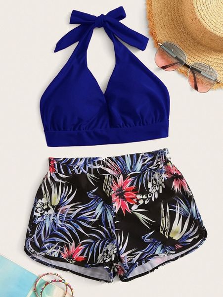 tropical halter shorts bikini swimsuit x3w5#, White;black