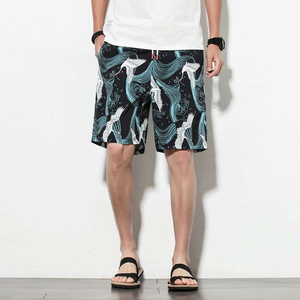 men's pants summer chinese style crane print shorts straight beach large loose capris fashion 7lbt, Black
men's pants summer chinese style crane print shorts straight beach large loose capris fashion 7lbt, Black