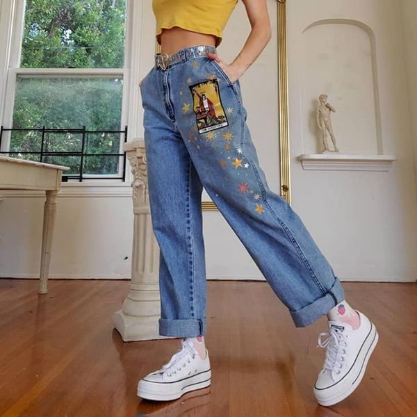 style street print denim pants women's jeans, Blue