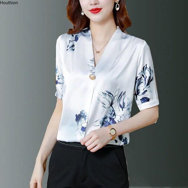 women's blouses & shirts silk satin loose fashion casual short sleeve blusas printing v-neck summer houthion, White
women's blouses & shirts silk satin loose fashion casual short sleeve blusas printing v-neck summer houthion, White