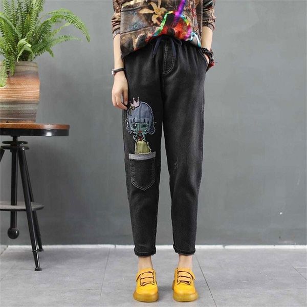 autumn arts style women loose casual black jeans vintage patchwork embroidery jean trousers femme elastic denim harem pants m326 210512, Blue 
autumn arts style women loose casual black jeans vintage patchwork embroidery jean trousers femme elastic denim harem pants m326 210512, Blue