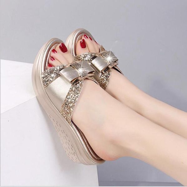 summer wear sandals women's thick bottom slope and bright bow slippers, Black