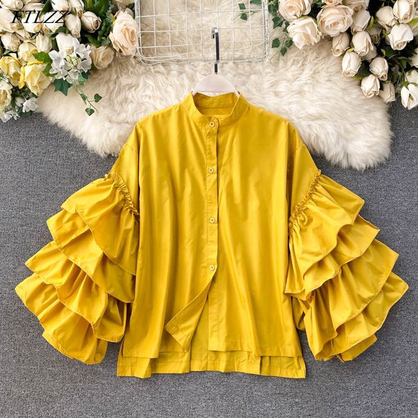 autumn elegant women stand collar flare sleeve shirt casual ruffled single breasted seaside 210423, White
autumn elegant women stand collar flare sleeve shirt casual ruffled single breasted seaside 210423, White