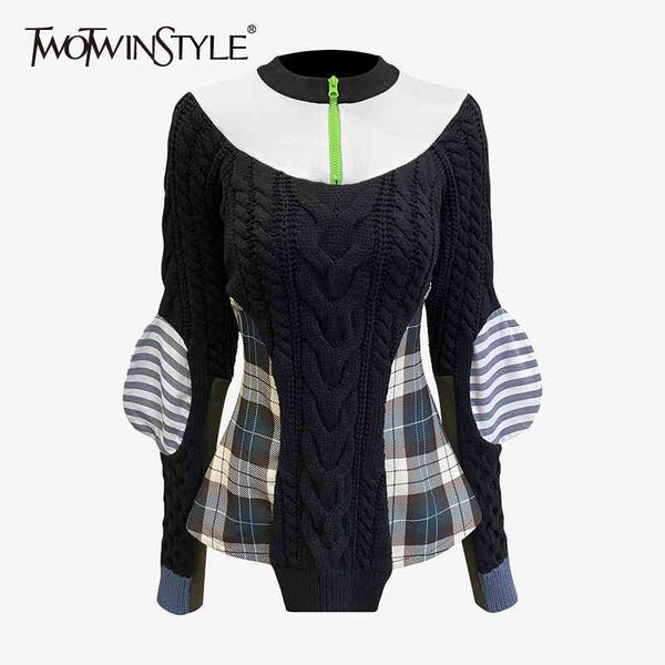 twotwinstyle casual patchwork plaid sweater for women turtleneck puff long sleeve hit color knitted female autumn 210517, White;black
twotwinstyle casual patchwork plaid sweater for women turtleneck puff long sleeve hit color knitted female autumn 210517, White;black