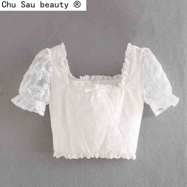 summer -selling sweet square collar puff sleeve lace stitching white chic slim short shirt fashion vintage 210508
summer -selling sweet square collar puff sleeve lace stitching white chic slim short shirt fashion vintage 210508