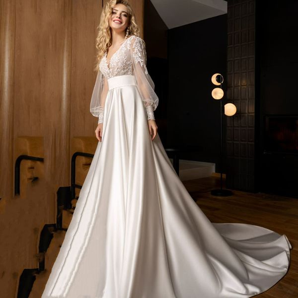 fashion wedding dresses deep v-neck long-sleeves custom made appliqued lace bridal gowns glitter sweep train robes de mariée, White
fashion wedding dresses deep v-neck long-sleeves custom made appliqued lace bridal gowns glitter sweep train robes de mariée, White