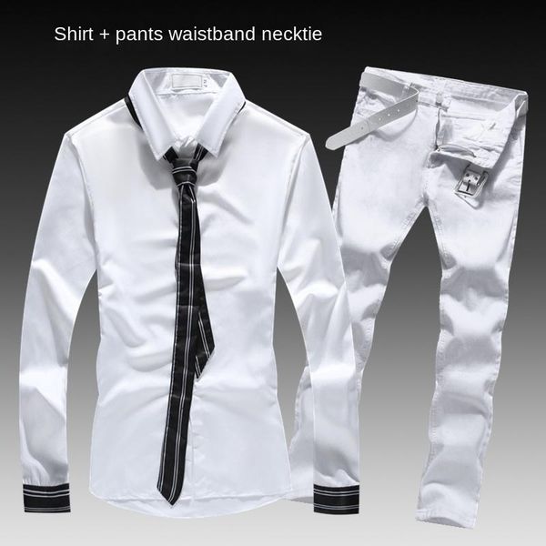 men's tracksuits spring autumn long sleeve shirt jeans pants with belt tie two pieces set, Gray
men's tracksuits spring autumn long sleeve shirt jeans pants with belt tie two pieces set, Gray