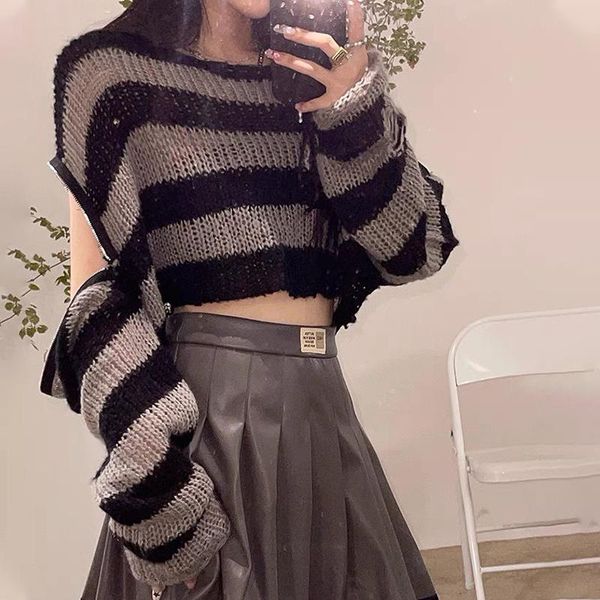 women's sweaters korean fashion lady punk thin zipper off shoulder hollow out gothic striped gray red women short length pull sweater, White;black
women's sweaters korean fashion lady punk thin zipper off shoulder hollow out gothic striped gray red women short length pull sweater, White;black