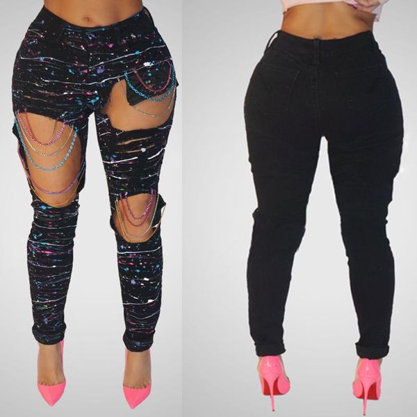 women's jeans with holes color paint chains ripped woman denim pants beggar for women plus size, Blue
women's jeans with holes color paint chains ripped woman denim pants beggar for women plus size, Blue