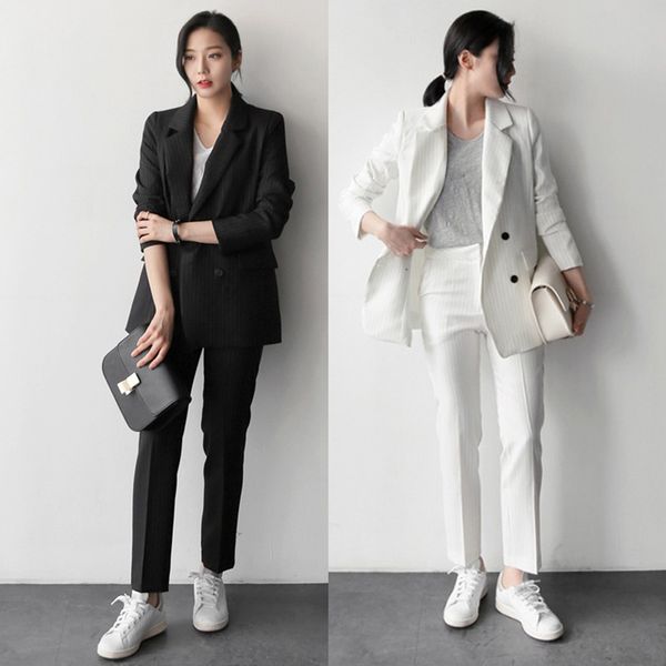 work fashion pant suits 2 piece set for women striped blazer jacket & trouser office suit lady formal 210514, White;black
work fashion pant suits 2 piece set for women striped blazer jacket & trouser office suit lady formal 210514, White;black