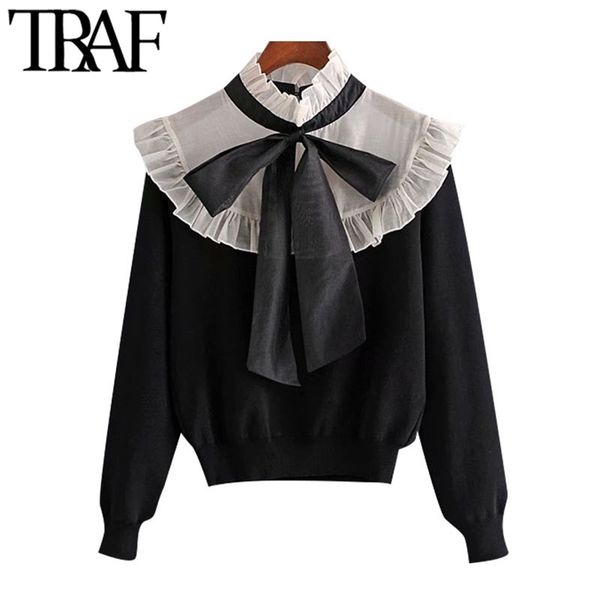 women fashion organza patchwork ruffled knitted sweater vintage high collar bow tied female pullovers chic 210507, White;black
women fashion organza patchwork ruffled knitted sweater vintage high collar bow tied female pullovers chic 210507, White;black