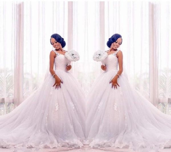 lace african ball gown wedding dress 2021 modern sheer straps appliqued plus size vestido de novia puffy tulle skirt sweep train bridal gown, White
lace african ball gown wedding dress 2021 modern sheer straps appliqued plus size vestido de novia puffy tulle skirt sweep train bridal gown, White