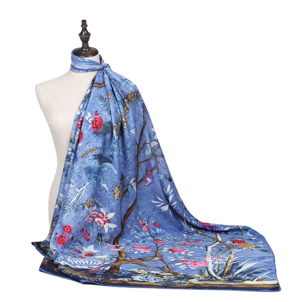 gaohe fashion plant flower bird jungle women's silk 130cm large square scarf, Blue;gray
gaohe fashion plant flower bird jungle women's silk 130cm large square scarf, Blue;gray