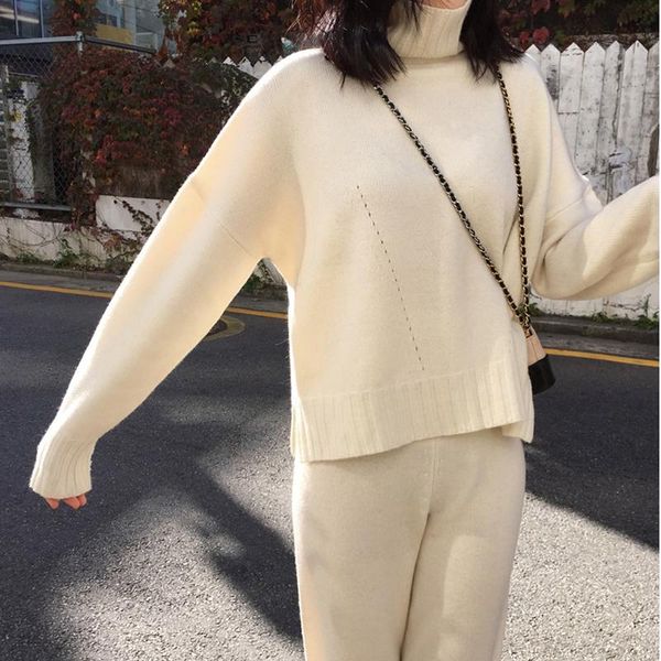 women's two piece pants autumn winter knitted tracksuit turtleneck sweatshirts for women suit clothing 2 set knit pant female, White 
women's two piece pants autumn winter knitted tracksuit turtleneck sweatshirts for women suit clothing 2 set knit pant female, White