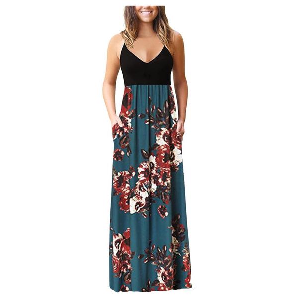

casual dresses plus size dress women summer floral maxi spaghetti straps sleeveless loose long with pockets vestidos, Black;gray