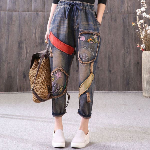 spring fashion women's vintage embroidered jeans elastic waistband loose hole deniharem pants ladies patched d113, Blue
spring fashion women's vintage embroidered jeans elastic waistband loose hole deniharem pants ladies patched d113, Blue
