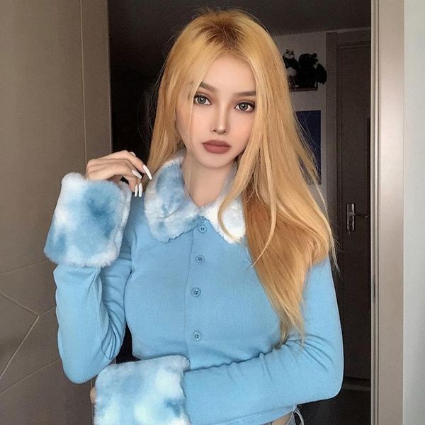 women's knits & tees 2021 blue plush ribbed knit ladies cardigan sweater furry collar long sleeve slim fall and winter women knitwear, White
women's knits & tees 2021 blue plush ribbed knit ladies cardigan sweater furry collar long sleeve slim fall and winter women knitwear, White