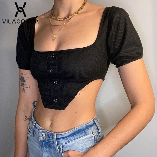 women's t-shirt black square collar short sleeve crop women casual button stitching irregular ribbed vintage female tshirt top, White
women's t-shirt black square collar short sleeve crop women casual button stitching irregular ribbed vintage female tshirt top, White