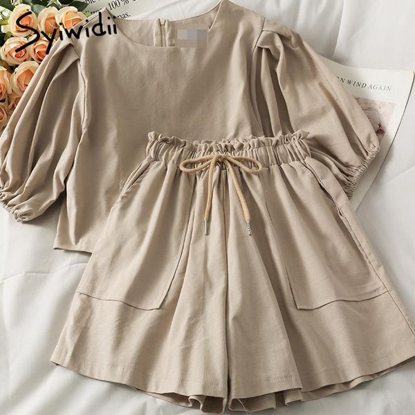 women's tracksuits syiwidii summer 2021 two piece set women shorts sets puff sleeve cropped shirt high waist wide leg o-neck casual, Gray 
women's tracksuits syiwidii summer 2021 two piece set women shorts sets puff sleeve cropped shirt high waist wide leg o-neck casual, Gray