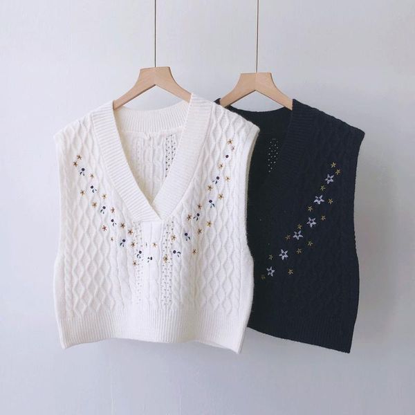 women's vests embroidery knitted vest women spring loose-fitting thin retro v-collar casual wearing cropped sweater pullover, Black;white
women's vests embroidery knitted vest women spring loose-fitting thin retro v-collar casual wearing cropped sweater pullover, Black;white