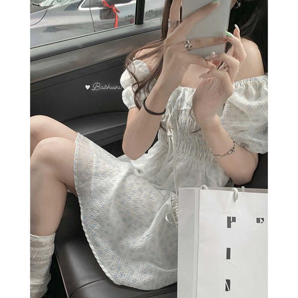 water women's white be floral dress summer clavicle shoulder fold square neck bubble sleeve princess skirt, Black
water women's white be floral dress summer clavicle shoulder fold square neck bubble sleeve princess skirt, Black