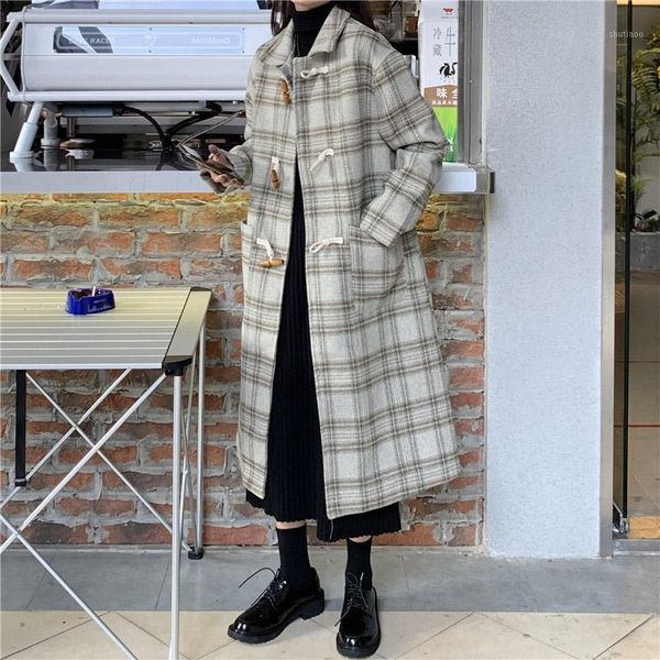 women's wool & blends loose temperament ox horn button plaid long sleeve woolen coat for women winter cotton thickened medium length, Black
women's wool & blends loose temperament ox horn button plaid long sleeve woolen coat for women winter cotton thickened medium length, Black