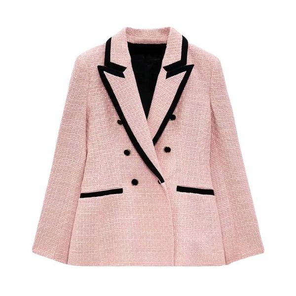 women's suits & blazers 2021 elegant pink textured blazer women long sleeve contrast piping double breasted femal fashion cute coat out, White;black
women's suits & blazers 2021 elegant pink textured blazer women long sleeve contrast piping double breasted femal fashion cute coat out, White;black