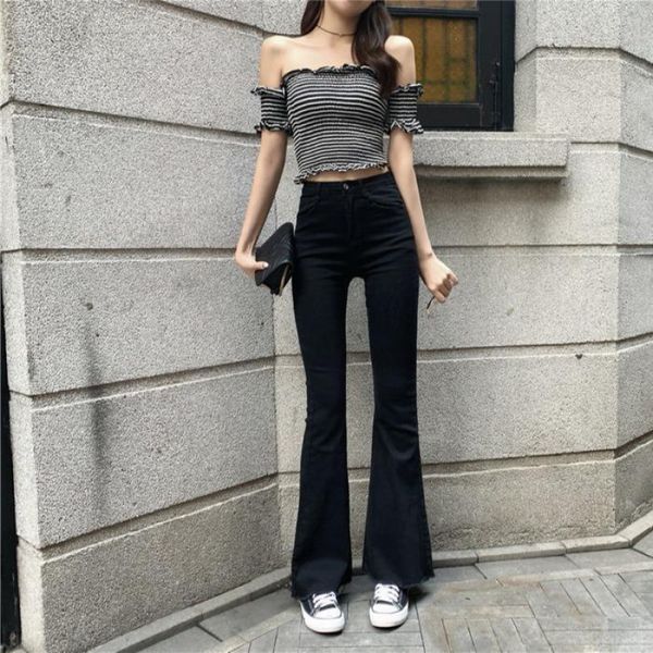 female vintage black bell bottom elastic flare jeans thin upper waist denim ankle streetwear pants, Blue
female vintage black bell bottom elastic flare jeans thin upper waist denim ankle streetwear pants, Blue