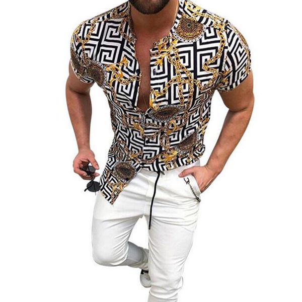 

fashion mens vintage chain print beach hawaiian shirt tropical summer short sleeve stand-up collar single breasted men clothing casual loose, White;black