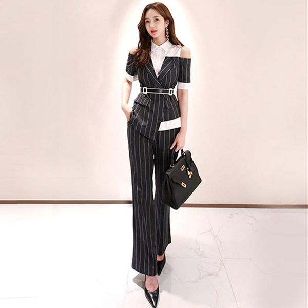 women's two piece pants 2021 summer office striped set chic patchwork lapel off shoulder short sleeve shirt&pants suits with belt, White
women's two piece pants 2021 summer office striped set chic patchwork lapel off shoulder short sleeve shirt&pants suits with belt, White