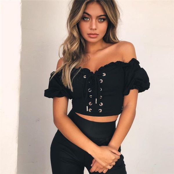 women's blouses & shirts women elegant strapless puff sleeves summer blouse fashion lace up short femme blusas mujer, White
women's blouses & shirts women elegant strapless puff sleeves summer blouse fashion lace up short femme blusas mujer, White