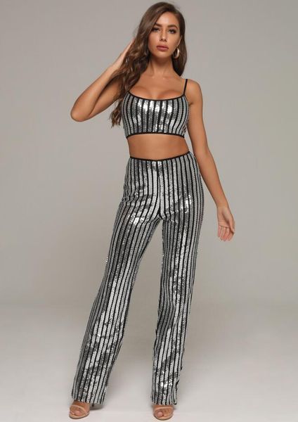women clothing set 2021 sparkly two pieces striped party celebrity bandage crop boot cut pants trousers women's piece, White
women clothing set 2021 sparkly two pieces striped party celebrity bandage crop boot cut pants trousers women's piece, White