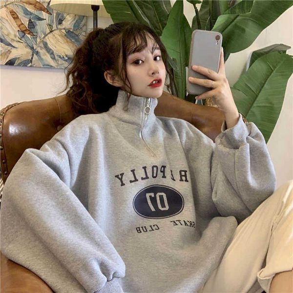 women's sweatshirt spring autumn korean loose bf all-match zipper stand-up collar plus velvet thick sweater female hoodies 210526, Black
women's sweatshirt spring autumn korean loose bf all-match zipper stand-up collar plus velvet thick sweater female hoodies 210526, Black