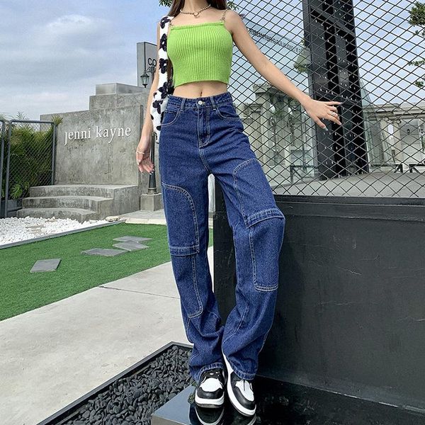 women's jeans stitching trousers fashion design high waist bag hip denim street trend straight-leg pants, Blue
women's jeans stitching trousers fashion design high waist bag hip denim street trend straight-leg pants, Blue