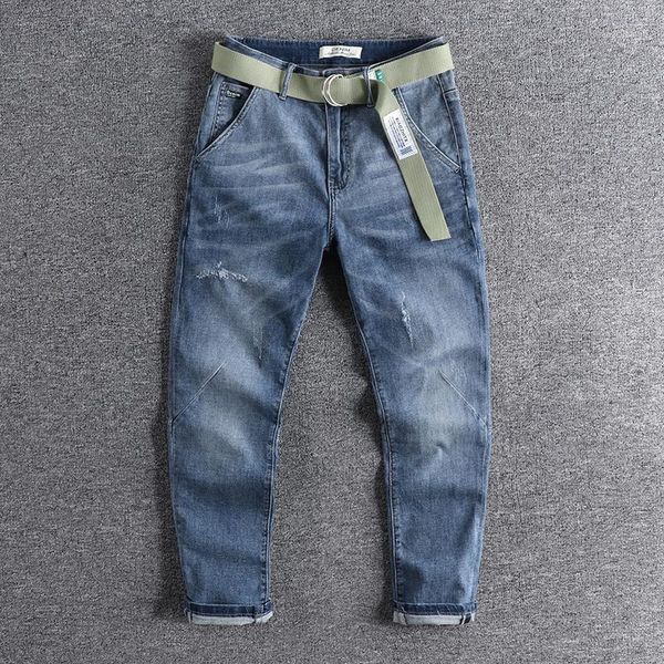 men's jeans 2021 with belt light blue american fashion nine point cat whisker youth leggings tapered pants 0743
men's jeans 2021 with belt light blue american fashion nine point cat whisker youth leggings tapered pants 0743
