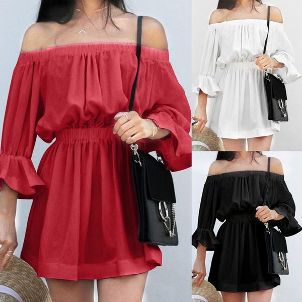 casual dresses women summer flare sleeve off shoulder bandage solid color sundress holiday dress, Black;gray
casual dresses women summer flare sleeve off shoulder bandage solid color sundress holiday dress, Black;gray