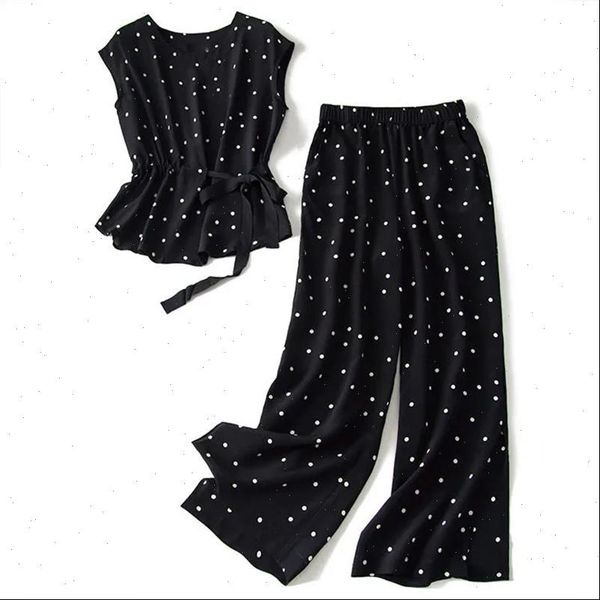 fashion black polka dot womens pants chiffon shirt and two piece suit summer plus size korean wide leg light top, White
fashion black polka dot womens pants chiffon shirt and two piece suit summer plus size korean wide leg light top, White