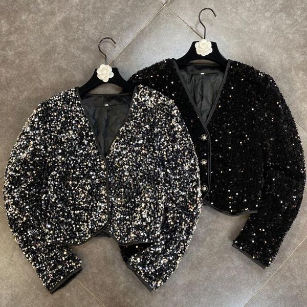 v-neck long-sleeved bingbing heavy sequined thin cotton padded jacket 0930 women's jackets, Black;brown
v-neck long-sleeved bingbing heavy sequined thin cotton padded jacket 0930 women's jackets, Black;brown