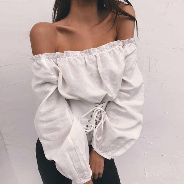 european and american 2021 tee women's t-shirt spring/summer models of solid color one-line neck waist strap strapless lantern sleeve, White
european and american 2021 tee women's t-shirt spring/summer models of solid color one-line neck waist strap strapless lantern sleeve, White