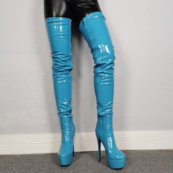 boots blue reflective patent leather platform women over knee high thigh booty for big size 47 thin heel side zip, Black
boots blue reflective patent leather platform women over knee high thigh booty for big size 47 thin heel side zip, Black