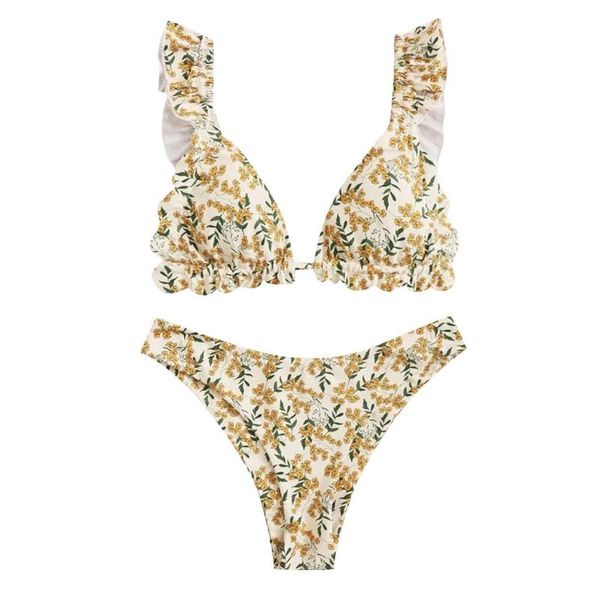 women's swimwear bikini 2021 summer floral print ruffle high cut set two piece swimsuit women tankini bathing suit, White;black
women's swimwear bikini 2021 summer floral print ruffle high cut set two piece swimsuit women tankini bathing suit, White;black