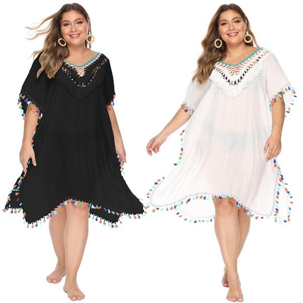 women's swimwear summer plus size women irregular hand hook color tassel v backless loose large beach blouse dress -40, White;black
women's swimwear summer plus size women irregular hand hook color tassel v backless loose large beach blouse dress -40, White;black