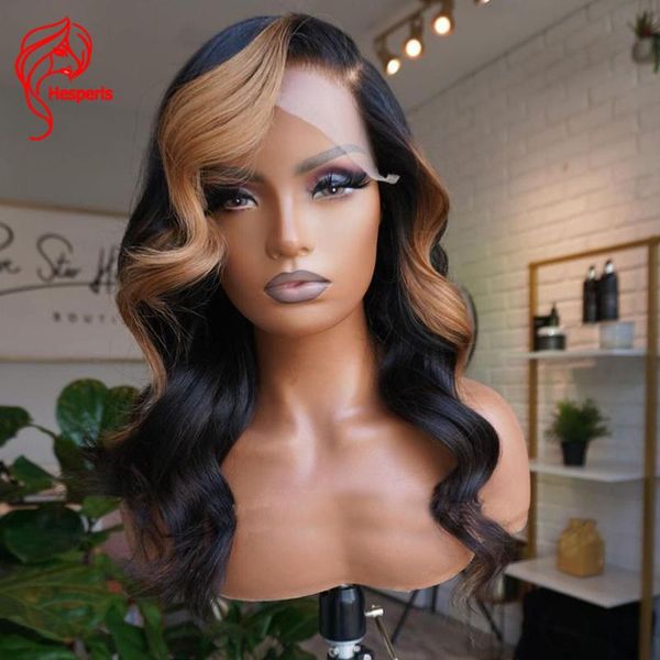 hesperis highlight blonde human hair wigs brazilian remy side part 13x4 lace front body wave for black women, Black;brown