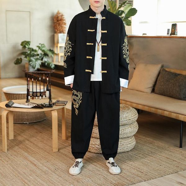 men's tracksuits autumn chinese style cotton linen suit loose coil buckle dragon embroidered tang casual ancient costume male, Gray
men's tracksuits autumn chinese style cotton linen suit loose coil buckle dragon embroidered tang casual ancient costume male, Gray