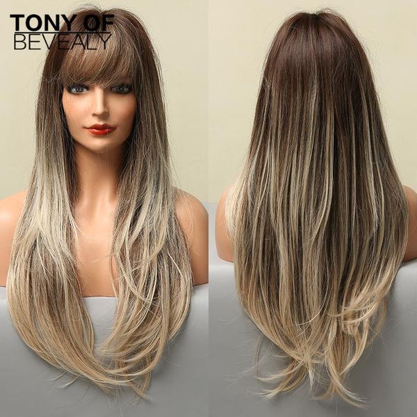 synthetic wigs long straight ombre brown blonde hair with bangs for women cosplay daily natural looking heat resistant, Black