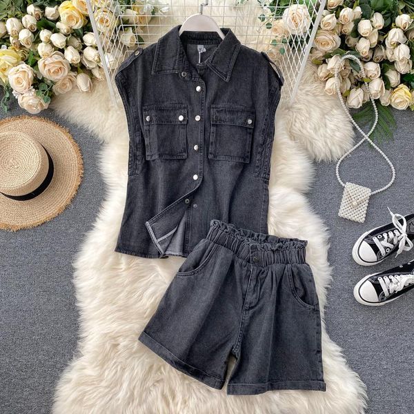 women's tracksuits fmfssom summer spring denim set 2 pieces vintage pocket sleeveless military + elastic waist loose short pants women, Gray
women's tracksuits fmfssom summer spring denim set 2 pieces vintage pocket sleeveless military + elastic waist loose short pants women, Gray