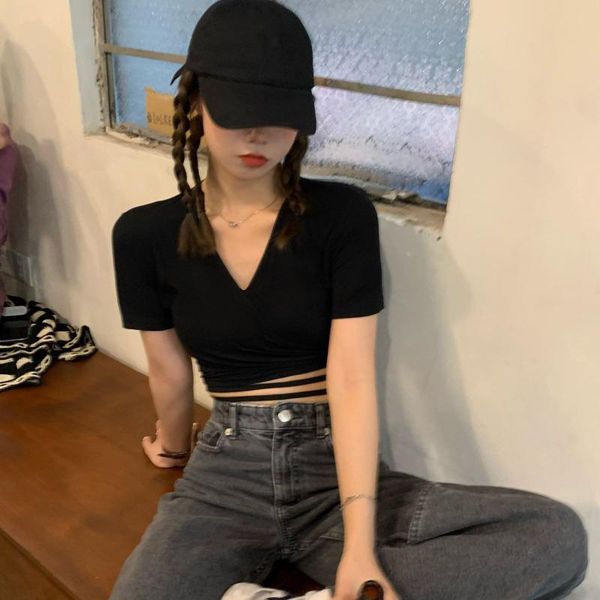 women's t-shirt summer style black v-neck clothing bandage t shirts slim ladies crop korean fashion clothes female tees, White
women's t-shirt summer style black v-neck clothing bandage t shirts slim ladies crop korean fashion clothes female tees, White