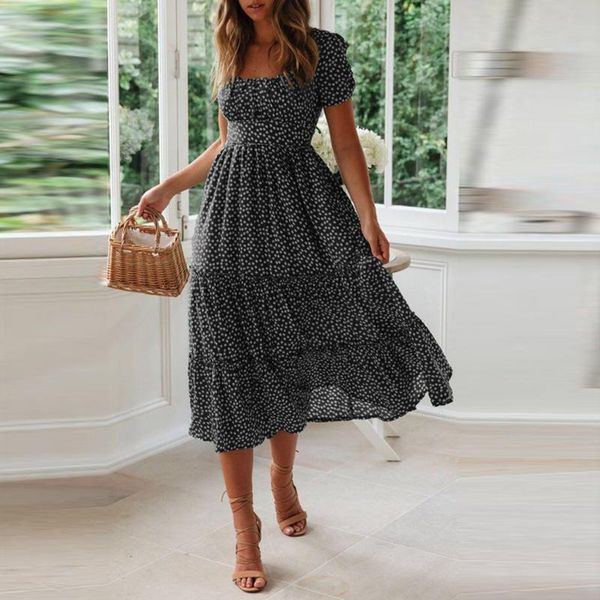

casual dresses women polka-dot dress short sleeve square neck elegant long flowy temperament summer robe femme #g2, Black;gray