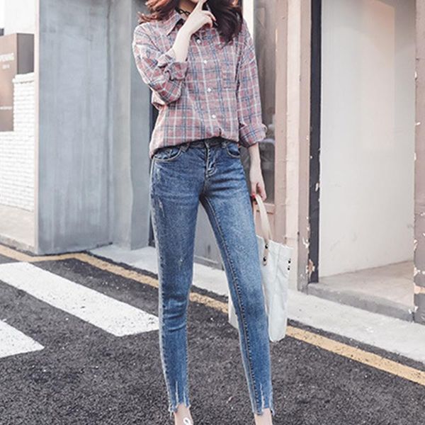 women's jeans small-footed slim light-colored trousers design trend girls high-waisted tight pants nine points, Blue
women's jeans small-footed slim light-colored trousers design trend girls high-waisted tight pants nine points, Blue