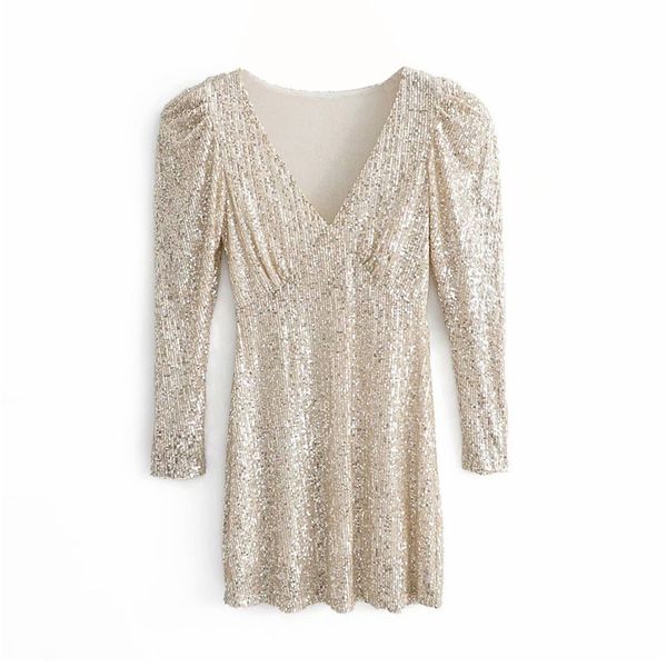 women deep v neck sequined mini dress puff sleeve stretchy party shinny female stylish es vestidos 210430, Black;gray 
women deep v neck sequined mini dress puff sleeve stretchy party shinny female stylish es vestidos 210430, Black;gray